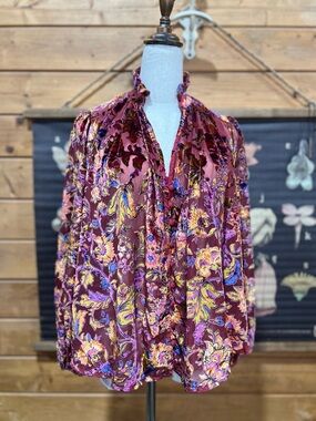 Anthropologie Sheer Velvet Burnout Floral Blouse XS Boho Romantic
